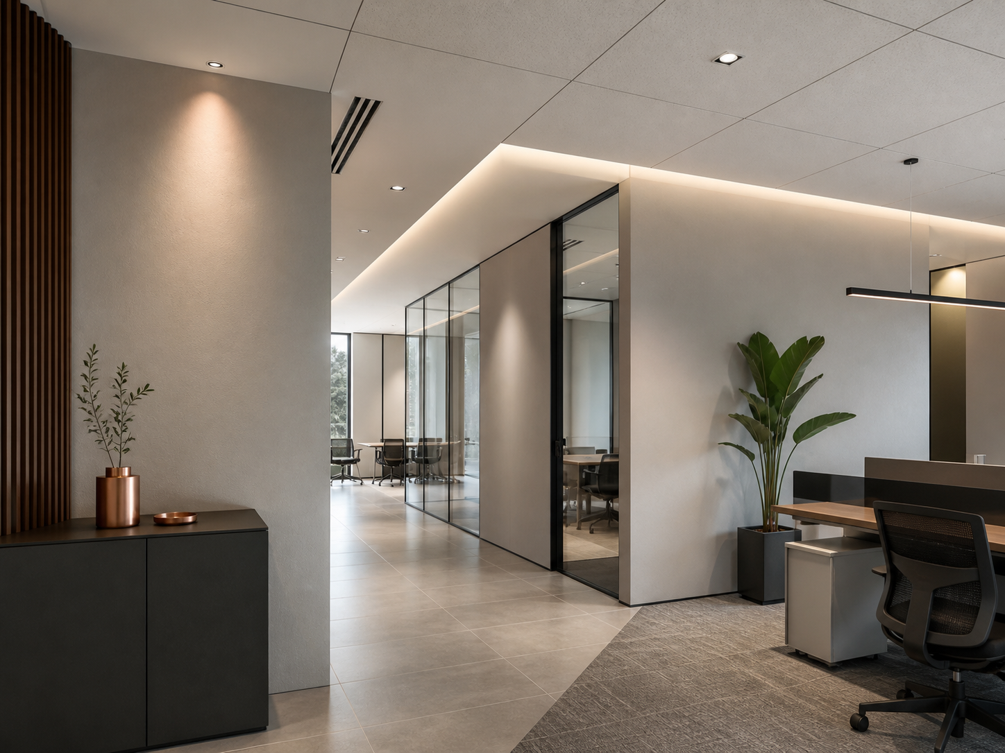 Oficina con distribución técnica y acabados interiores