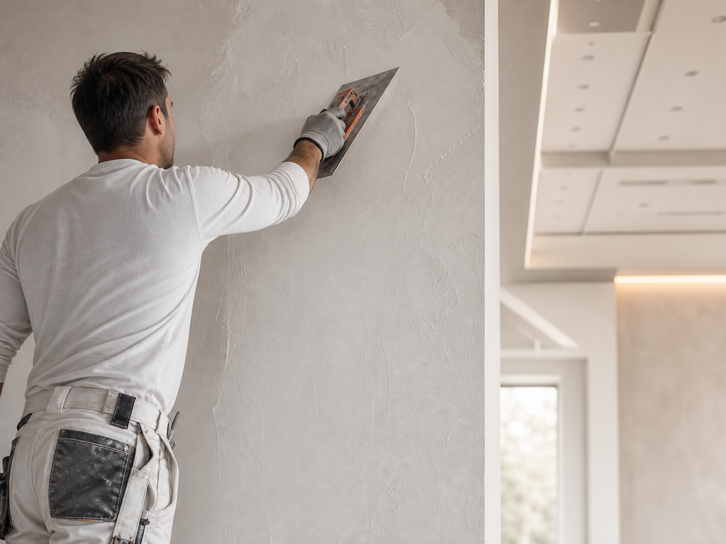 Profesional ejecutando acabado de yeso en pared interior